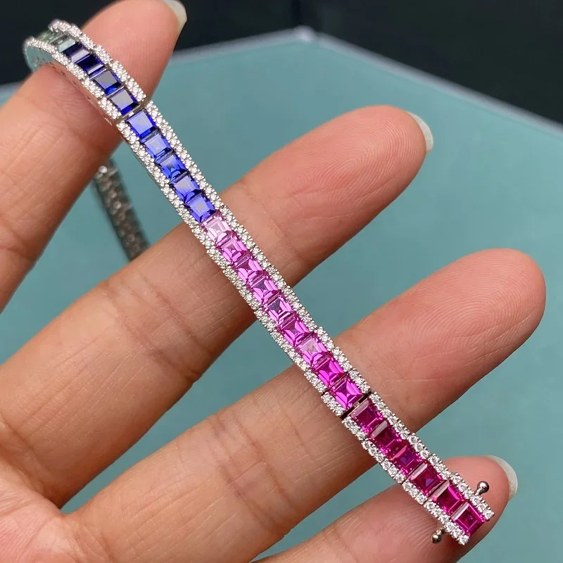 

RUIF Customized S925 Silver Rainbow Bracele Trapezoid Shape Lab Created Gradient Sapphire Gemstone Jewelry Christmas Gifts