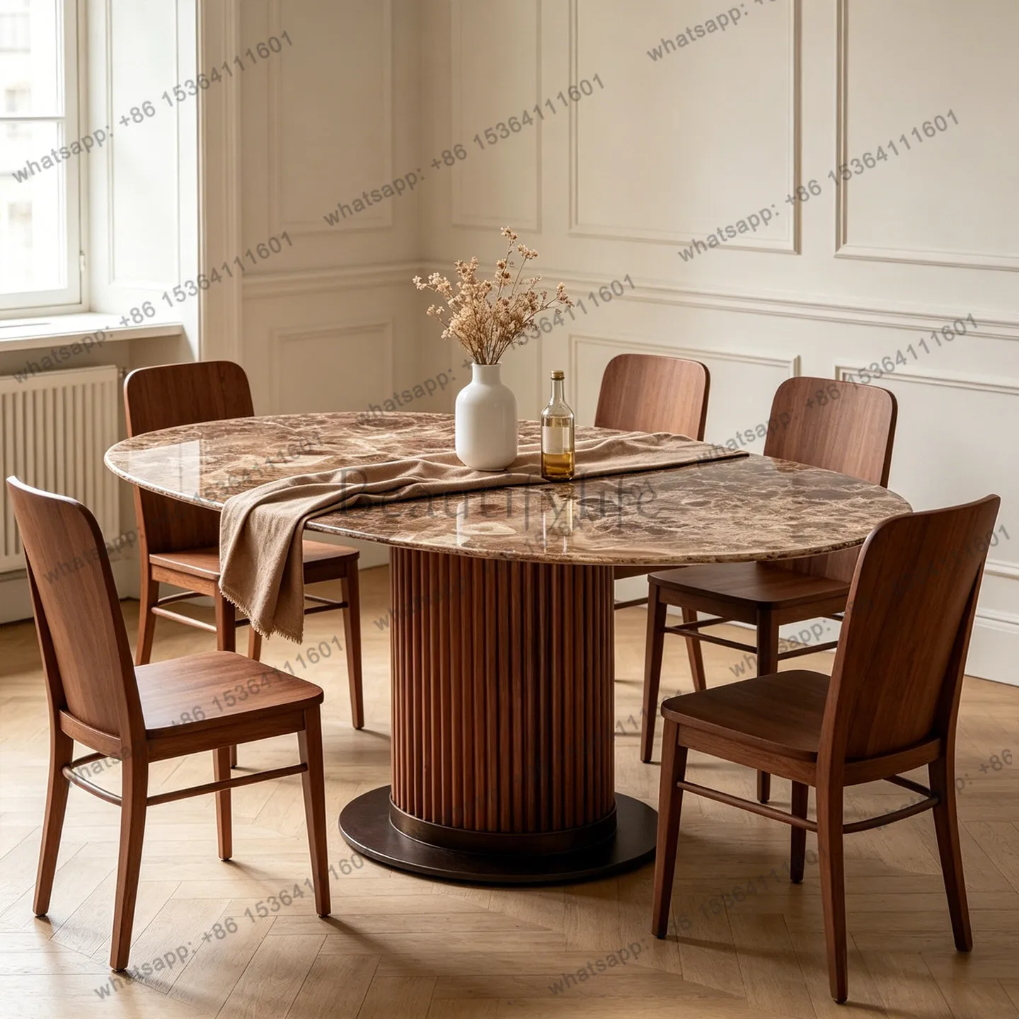 

French retro solid wood dining table villa living room long oval marble dining room dining table