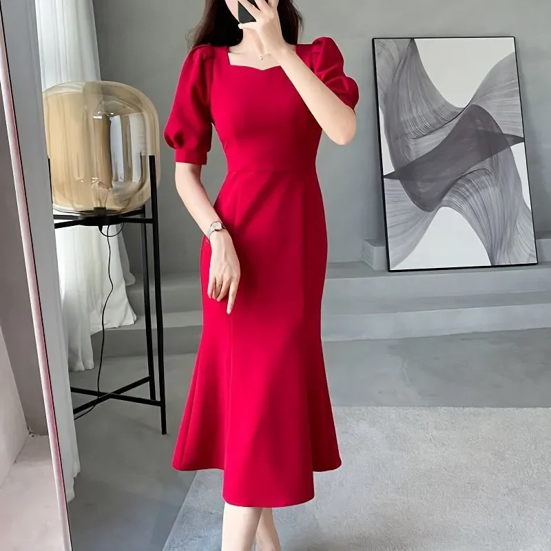 

Elegant Women's Red Midi Dress With Puff Sleeves Square Neckline Slim Fit Trumpet Hem Spring Autumn Office Wear