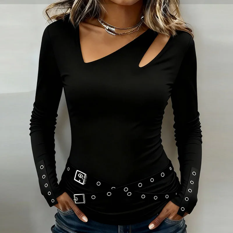 Sexy V-hals Kriskras Vrouw Blouses 2026 Lente Oogje Decor Slim Fit Streetwear T-shirt Herfst Lange Mouw Solid Top Nieuw Shirt