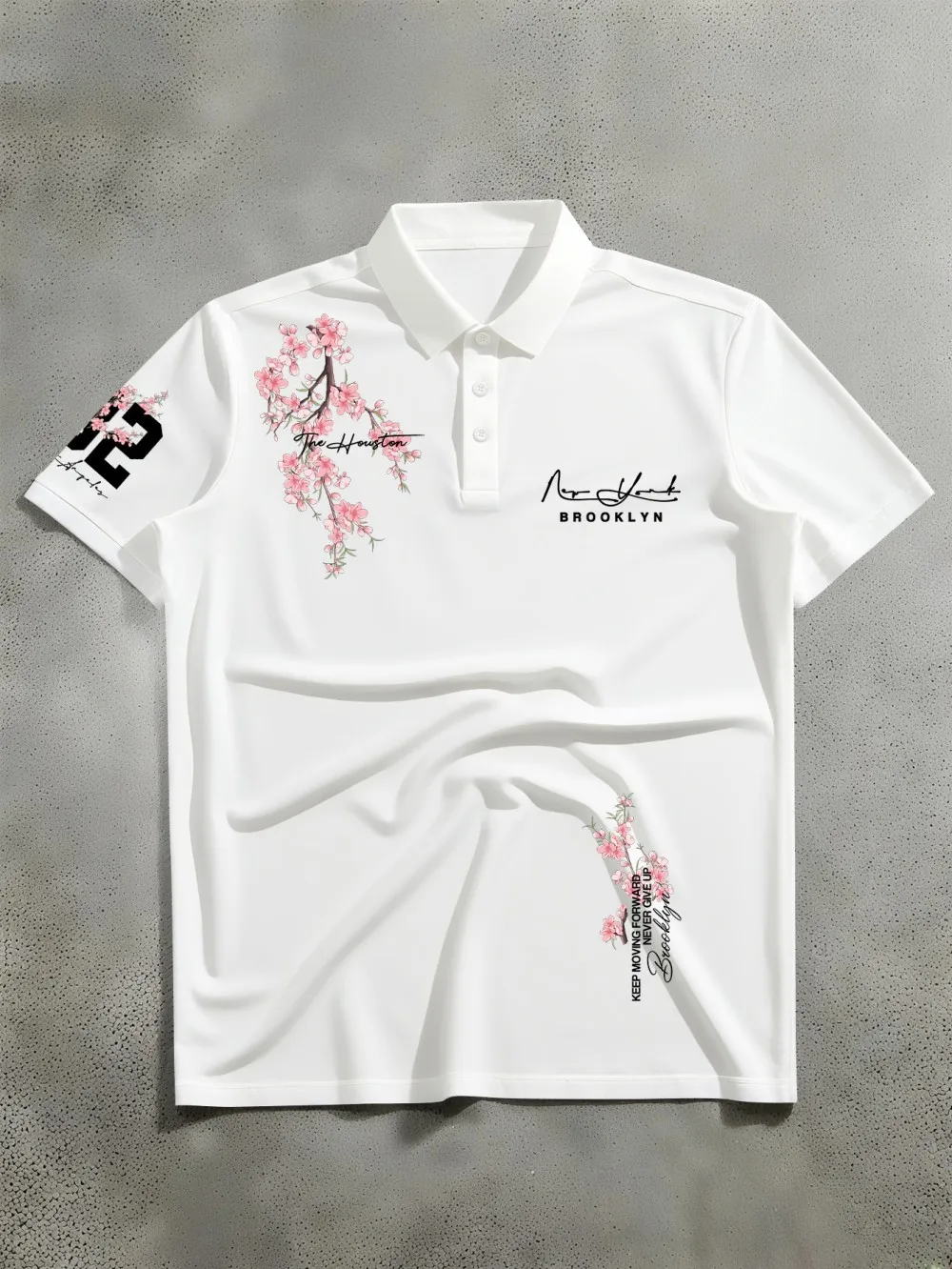 American Men's Summer Brooklyn Cherry Blossom Letter Print Micro Elastic Breathable Polo Short Sleeved T-Shirt Outdoor Casual To