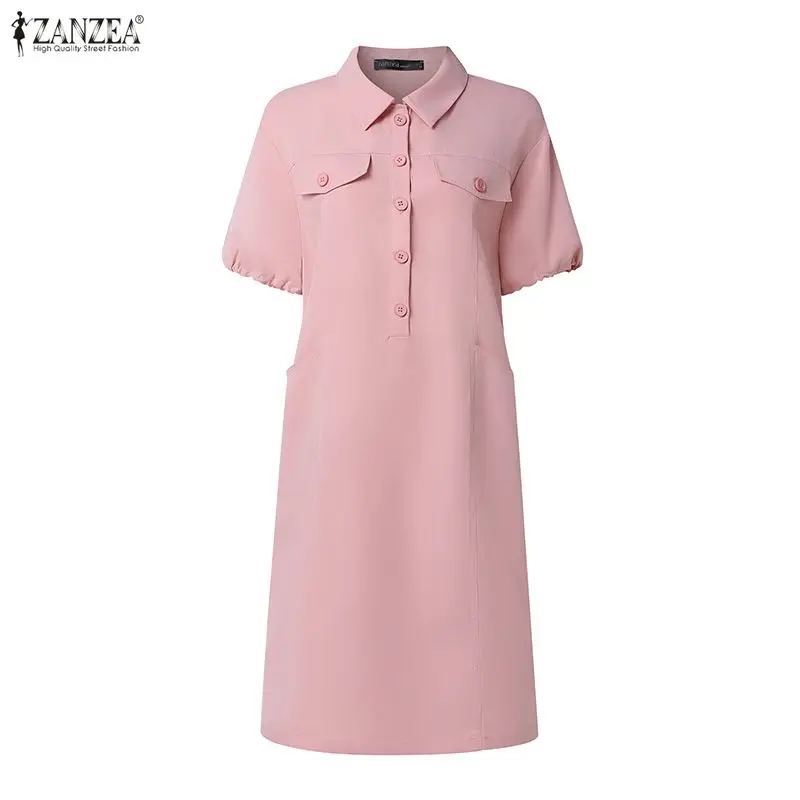 2026 ZANZEA Sommer Kurzarm Revers-Kragen Sommerkleid Damen Elegantes Einfarbiges OL Arbeitskleid Lässiges Urlaubskleid Knielang Robe Vestidos