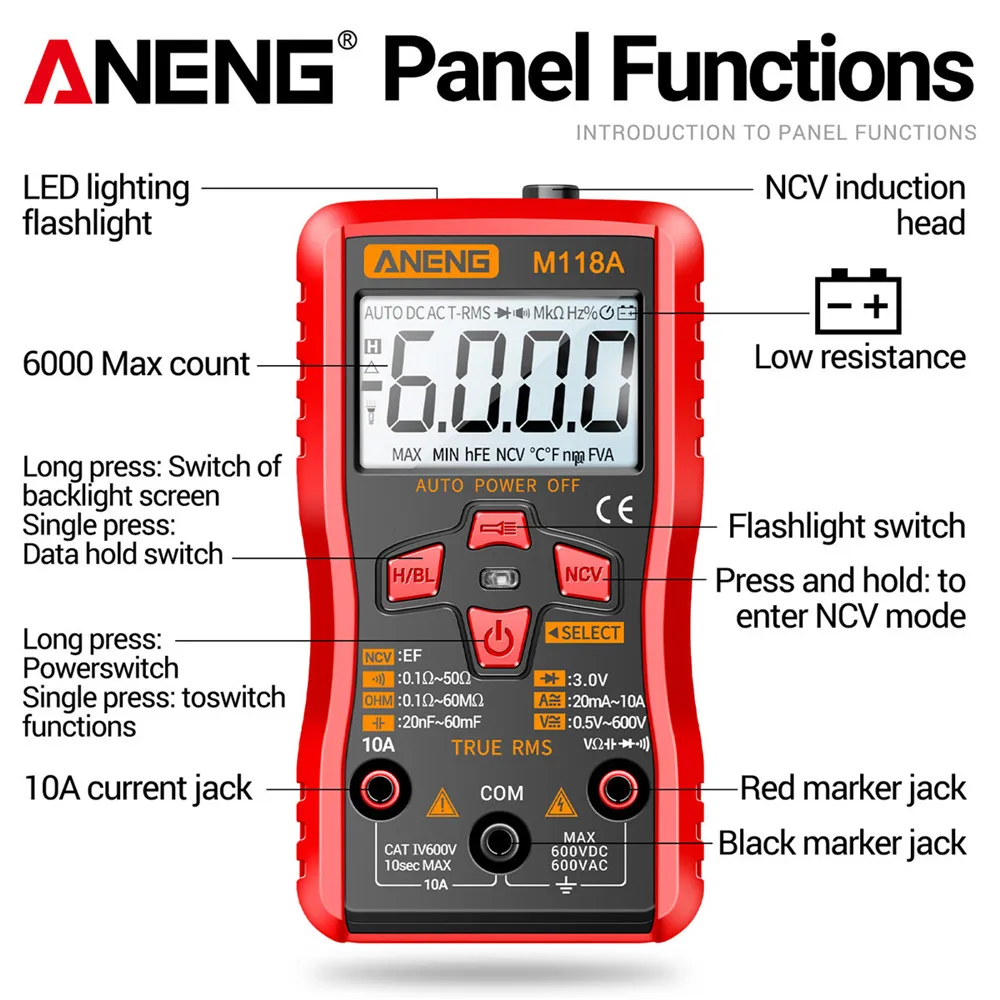 ANENG M118A Digital Mini Multimeter Tester Auto Mmultimetro True Rms Tranistor Meter with NCV Data Hold 6000counts Flashlight