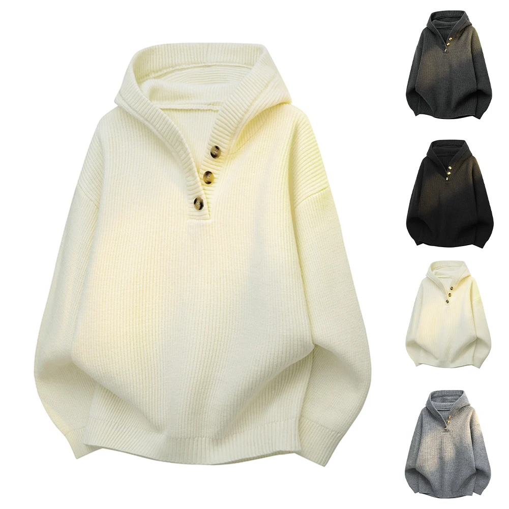

Новинка 2025 года, мужские свитера с капюшоном, вязаные утепленные трикотажные изделия, однотонные топы на половину пуговиц
