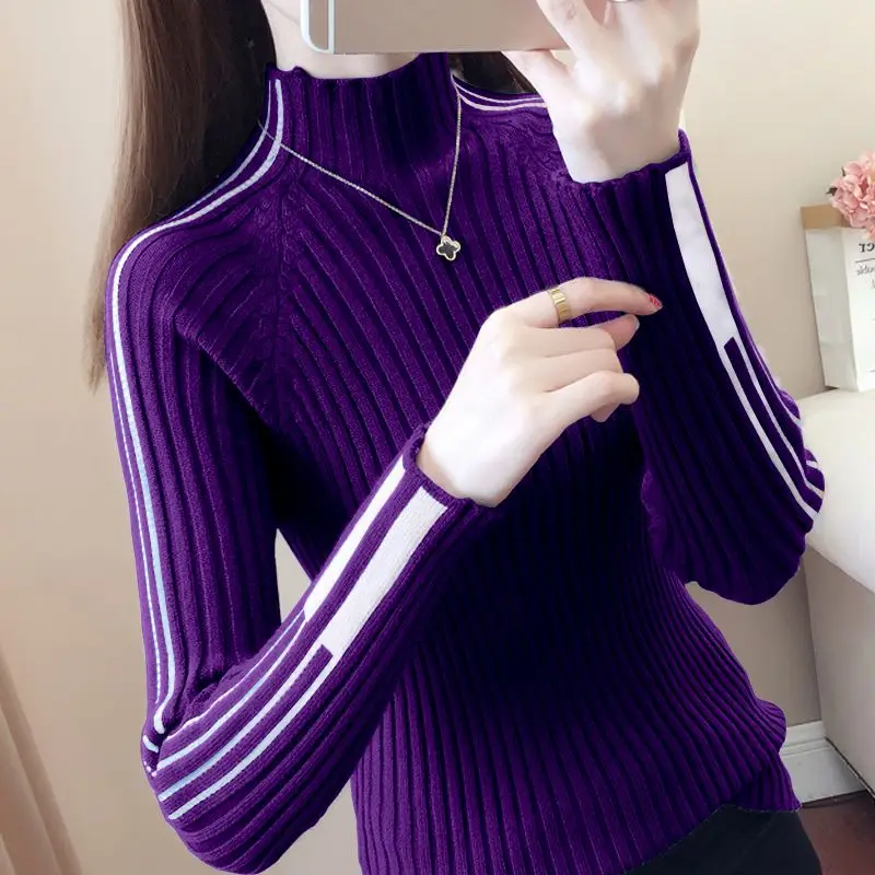 Fashion Turtleneck Knitted Spliced Loose Korean Sweater Women\'s Clothing 2024 Autumn New Casual Pullovers All-match Commute Tops