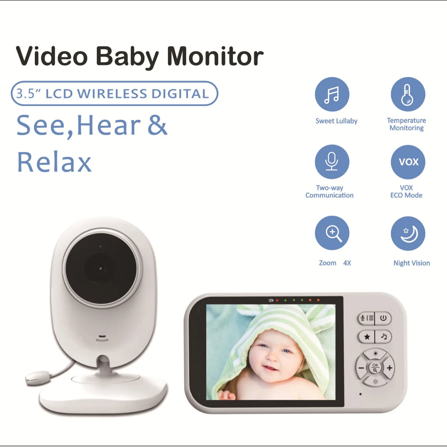 3.5 inch Video Baby Monitor Camera Digital Zoom Two Way Audio Auto Night Vision 720P HD Security Camera Babysitter SP316