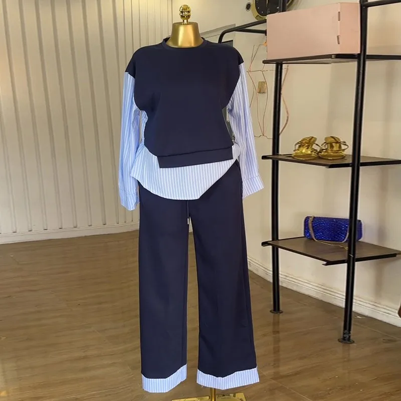 

Women Sets Casual Summer Blouse Striped Long Sleeve Two Piece Set Blouses High Waist Wide Leg Shirt Navy Blue Layered Top