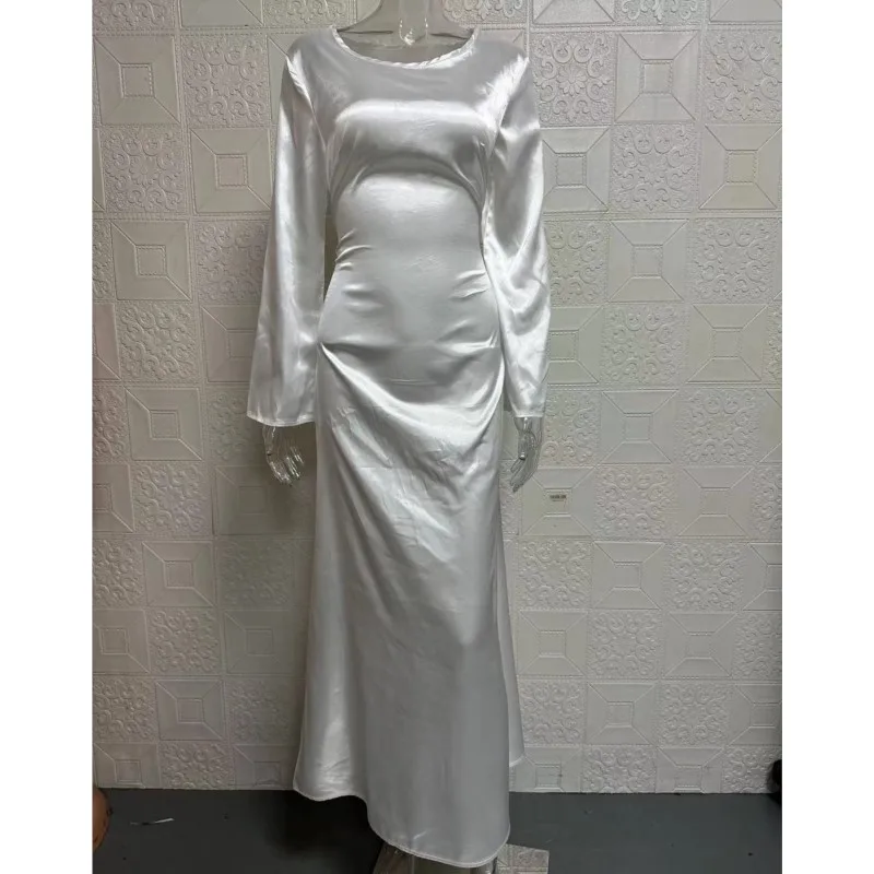 Robe en Satin à manches longues pour femmes, couleur unie, col rond, nouvelle mode élégante à lacets, robes Slim, printemps été, 2025