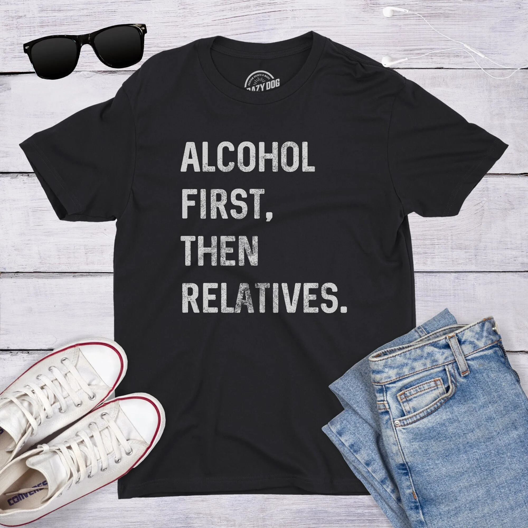 Mens Tacky Christmas T Shirt Funny Thanksgiving Family Alcohol First Then Relatives Drinking