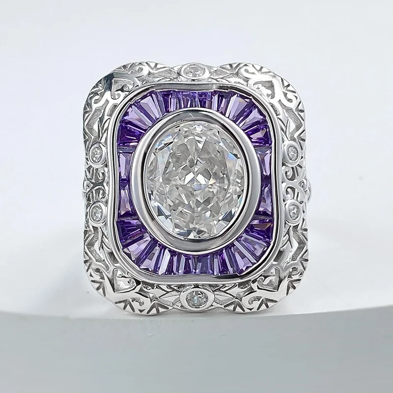 خمر 925 الفضة يتوهم قطع G اللون عالية الكربون البيضاوي خاتم الماس الأرجواني الياقوت وسادة فنجر الفرقة الفاخرة مجوهرات النساء هدية #4
