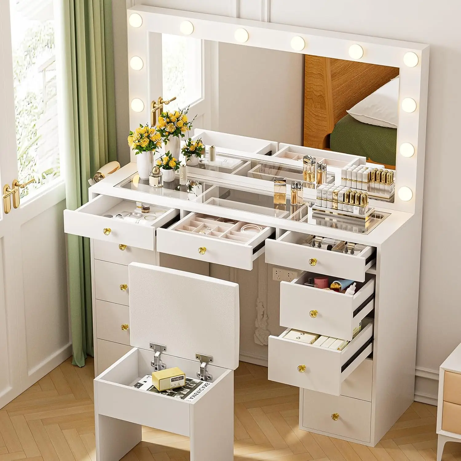 Large Vanity Desk With Mirror And Lights, Makeup Vanity With 12 Led Lights, 11 Metal Sliding Drawers, Vanity Table Set With