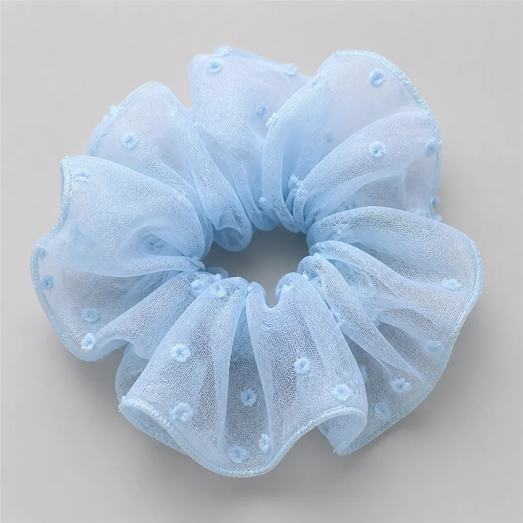 Powder Blue Flocked Dot Sheer Single-Layer Scrunchie Oversized Handmade Organza-Like Hair Tie for Women 4