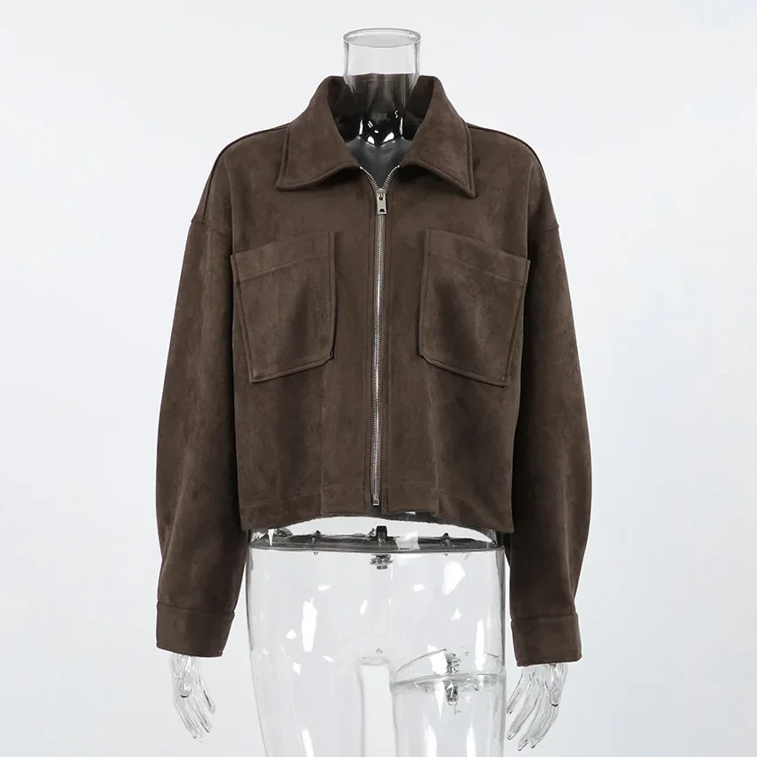 Veste en daim et cuir pour femme, vêtement décontracté, col rabattu, petit costume, fermeture éclair, manteaux marron, collection automne-hiver 2025
