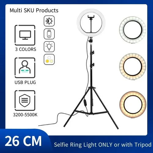 Anillo de luz LED para Selfie de 10 "", iluminación para el hogar, lámpara redonda regulable, trípode, maquillaje Trepied, lámpara de anillo para Selfie, luz de teléfono para vídeo