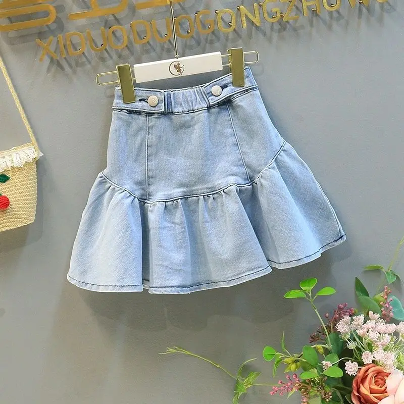 Girls Denim Skirt Set 2023 Summer New Children\'s Korean Version Ruffled Short Skirt T-shirt 2-piece Girls\' Baby Clothes Set