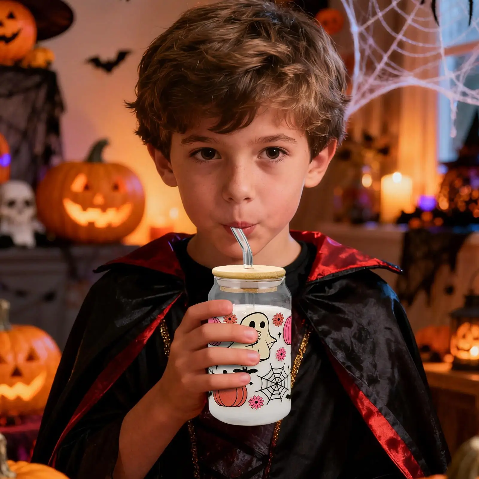 

Чашки на Хэллоуин с крышками и соломинками, стеклянная кружка с тыквой и призраком, 400 мл, милые стаканы с крышками для подростков, детей, женщин