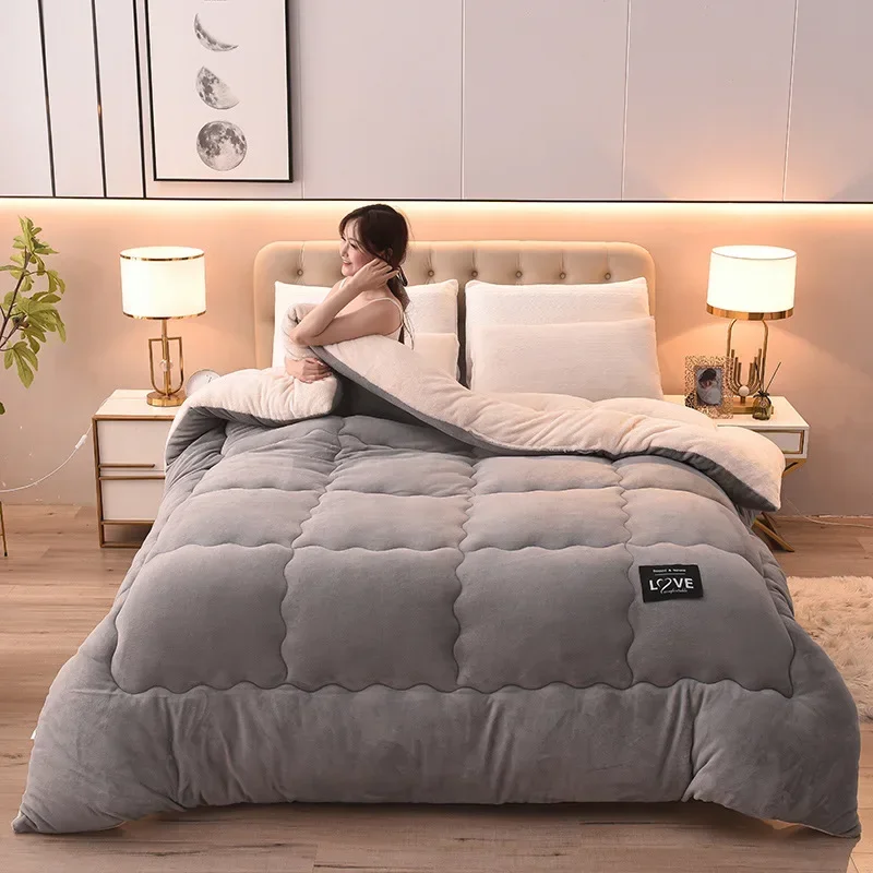 1PC Solid Color Double-sided Lamb Wool Quilt Winter Soft and Warm Velvet Thickened Warm Blanket Quilt Single Double Dormitory