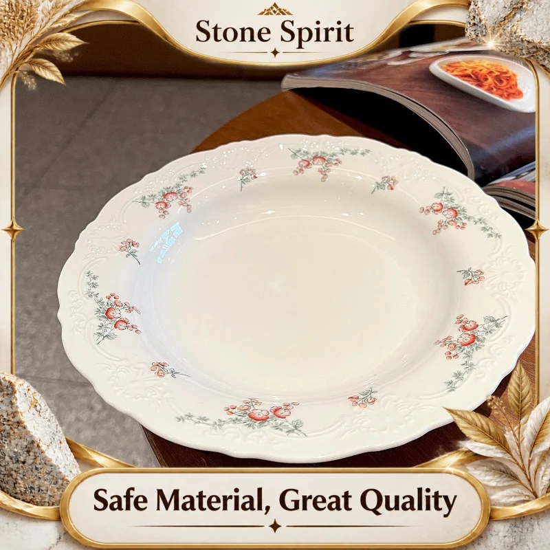 French Begonia Ceramic Plate with Lace Edge, Ins Soup Salad Dessert Plate, Dining Tableware for Wedding Party Home Decor Gift