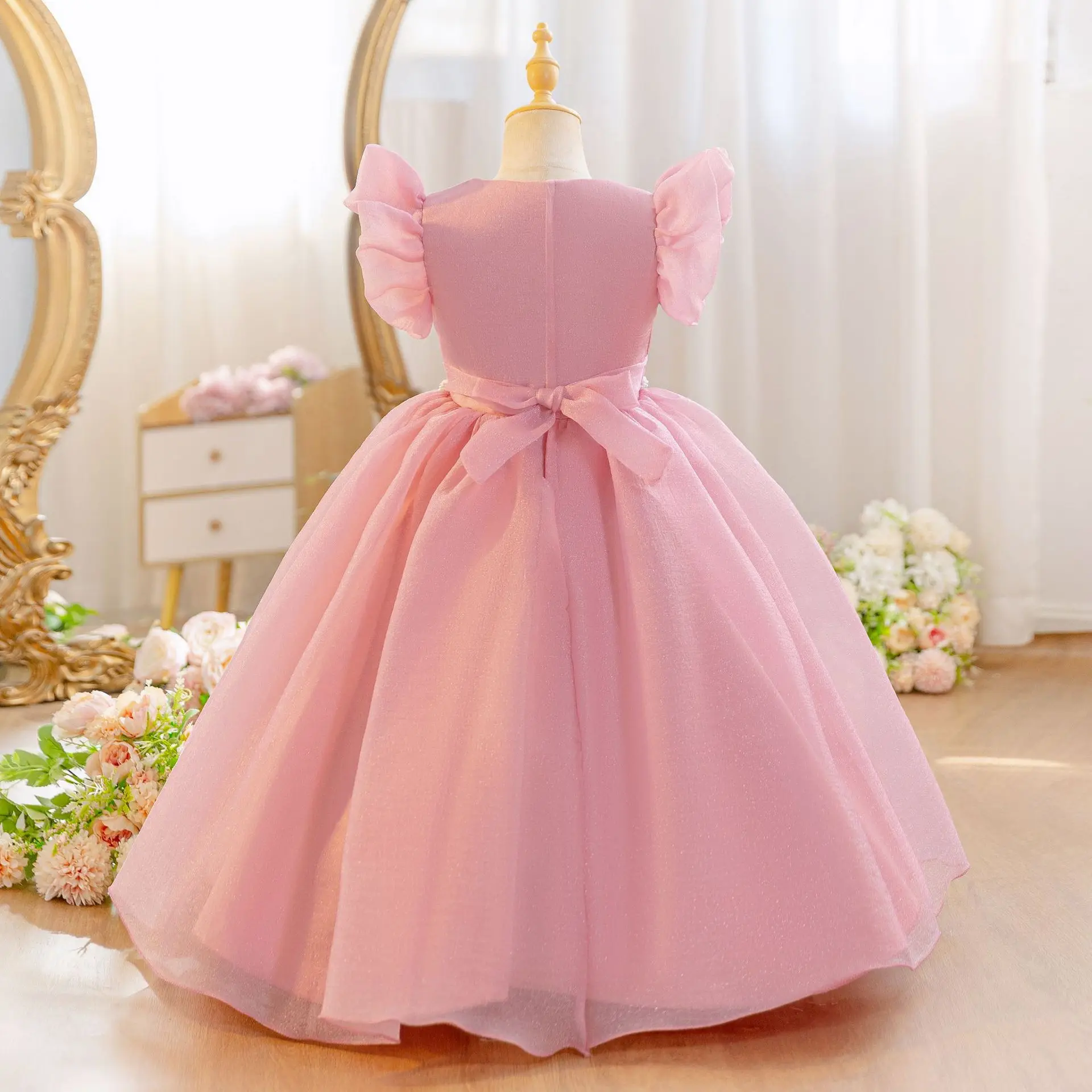 HETISO Festive Dress For Girl Tutu Flower Kids Elegant Party Ball Gown Pearls Sash Children's princess Bridesmaid One-piece