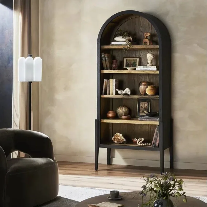 

Modern American Antique Design Solid Wood Bookcase Interior Furniture with Black Finished Arched Top Open Front Storage Display
