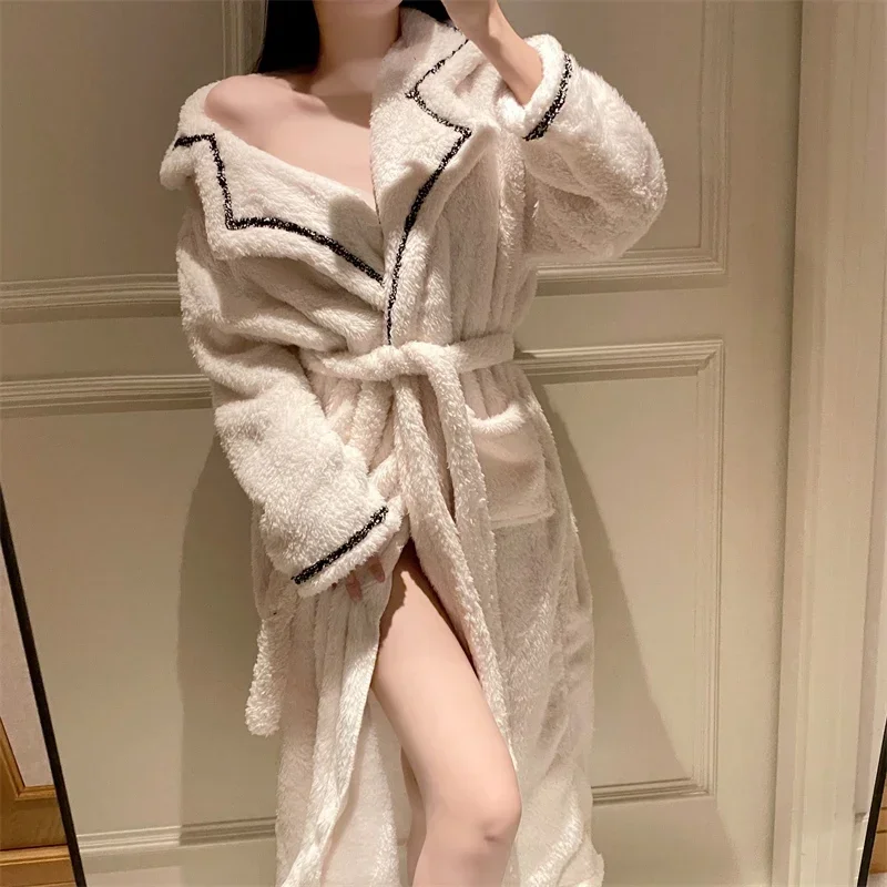 2023 Winter Long Sleeve Thick Warm Flannel Kimono Robes for Women Cute Lace Bathrobes Sleepwear Bath Robe Nightdress Night Dress