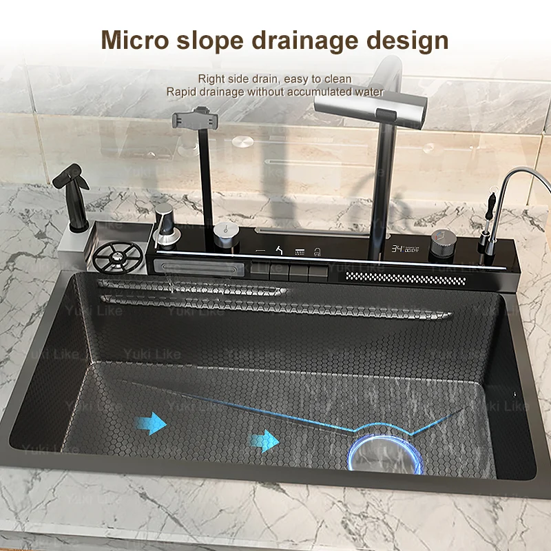 Stainless Steel Digital Kitchen Sink Waterfall Large Pull Out Faucet Honeycomb Embossed Sink Set