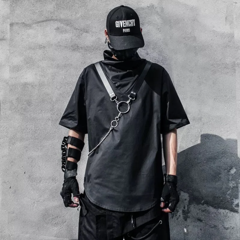 Summer New Men Punk Style Personality Chain Turtleneck Tactical T Shirt Y2K High Street Short Sleeve Techwear Tops Tops camiseta