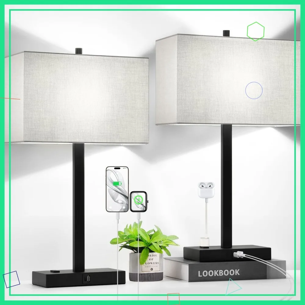 

21-дюймовые сенсорные прикроватные светильники с 2 USB-портами и розетками переменного тока, диммируемые, комплект из 2 штук для спальни и офиса, серый плафон, светодиодные лампы в комплекте