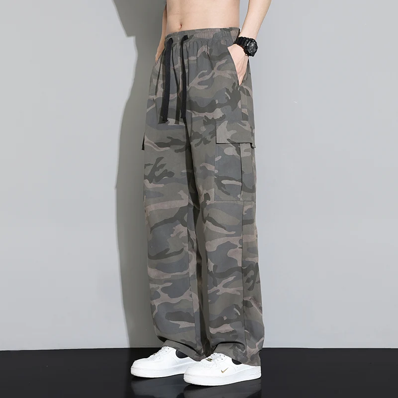 New Summer Lightweight Wide Leg Cargo Pants Men Camouflage Casual Trousers Neutral Loose Pocket Straight Outdoor Fashion 2024