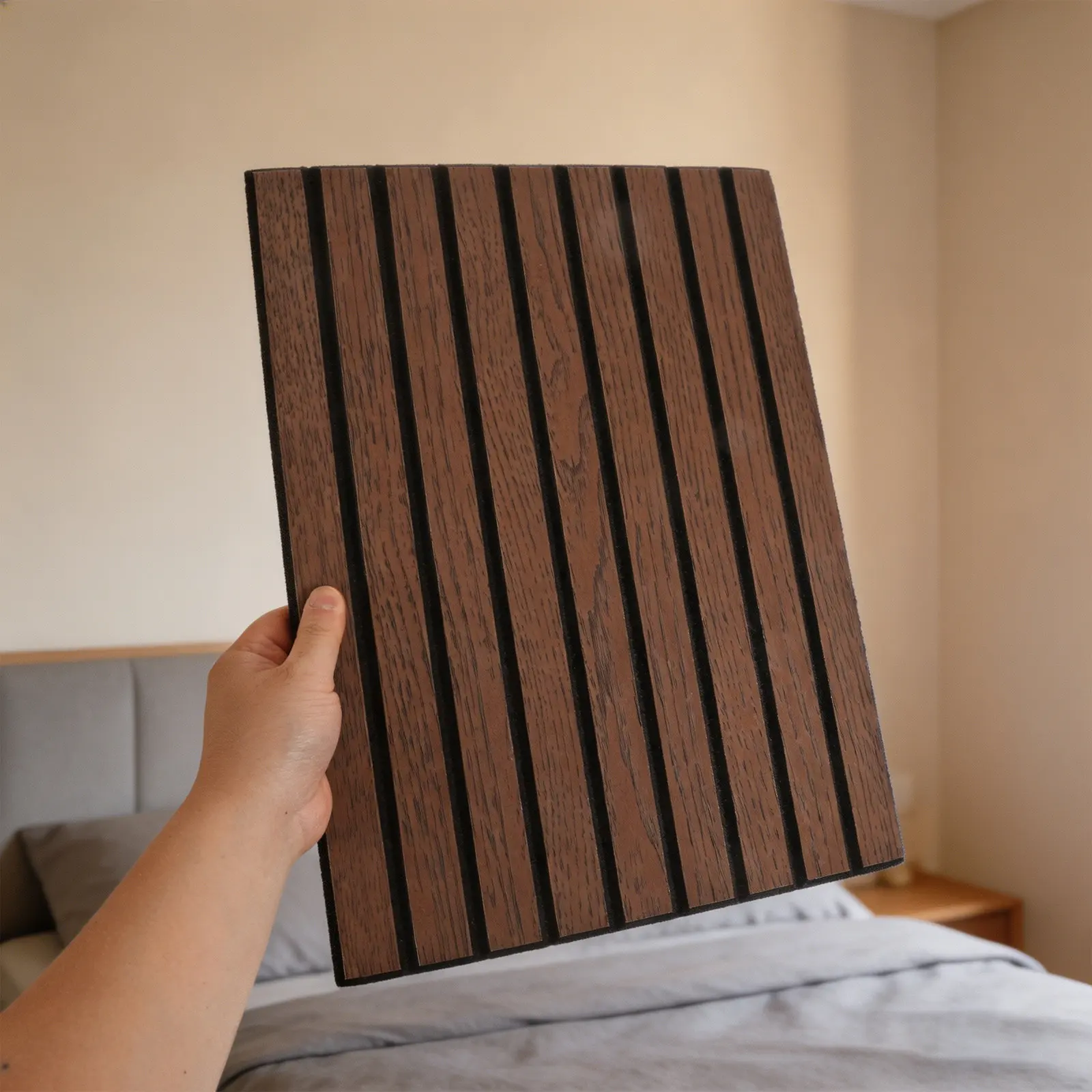 4Pcs Soundproof Acoustic Panels Peel Stick Walnut Slat Wall Panels Easy Install Bedroom Living Room Noise Reduction Decorative