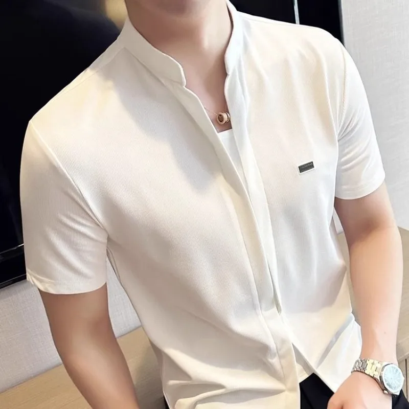 American Style Trendy Summer New Men\'s Stand Collar Solid Color Smart Casual Simplicity Versatile Short Sleeve Slim T-Shirts Top