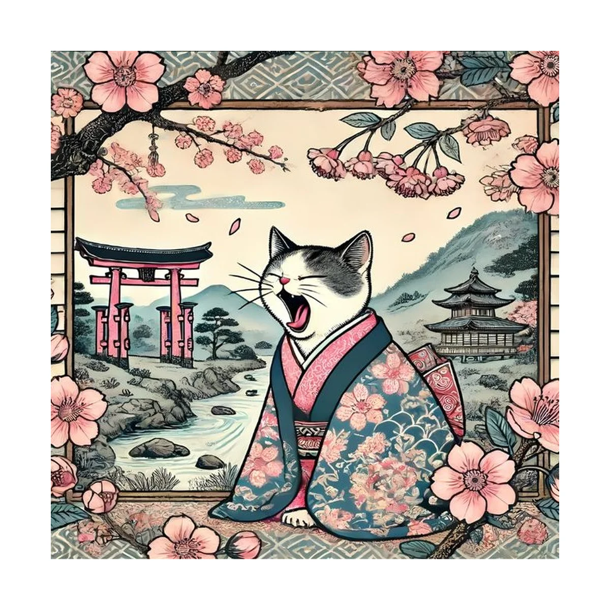 1 Stück 40x40 cm/15,74 Zoll, 11Ct/14Ct Kreuzstich-Set, DIY Valentinstagsgeschenk, Stickerei-Set für Festlichkeiten, Sakura-Katze-Kimono – Detail 3