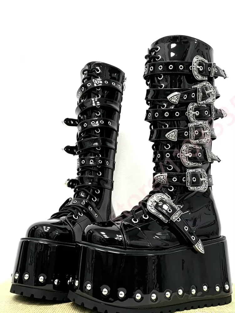 Patent Leather Knee High Platform Boots 2026 Multi Vintage Western Buckle Strap Lace Up Rivet Thick Sole Punk Goth Fashion Boots