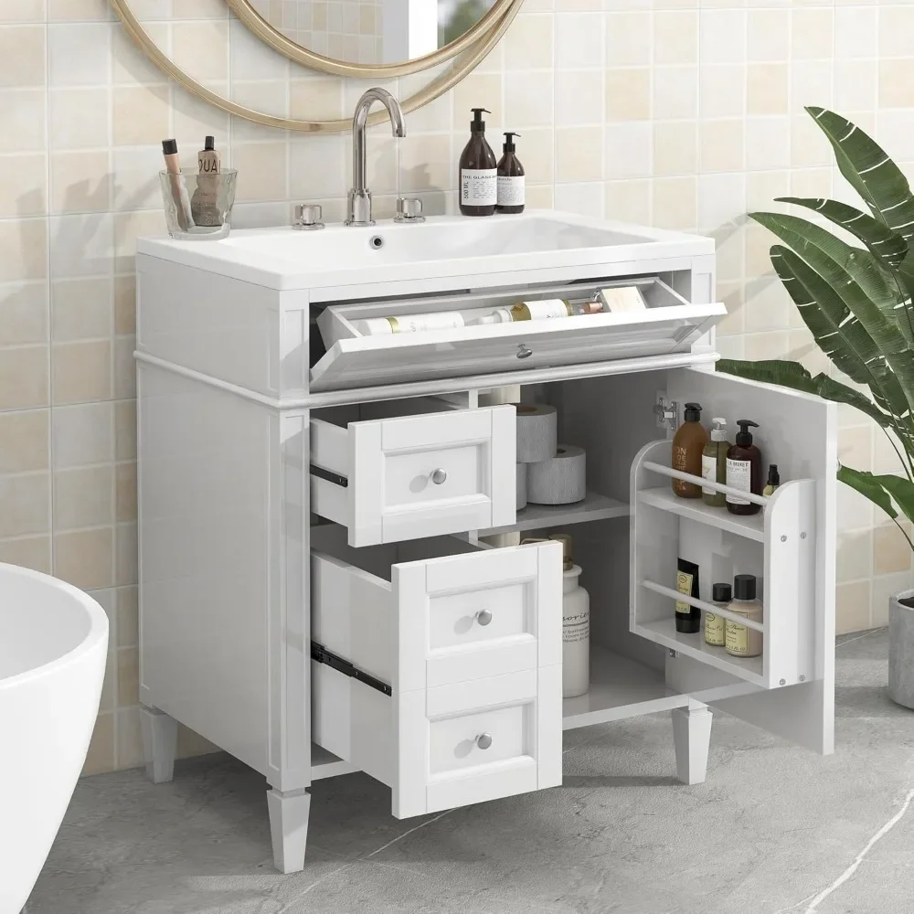 30'' Bathroom Vanity with Single Sink Combo with 2 Drawers, 1 Pull Down Drawer and 1 Door, Soft Closing, Solid Wood Frame