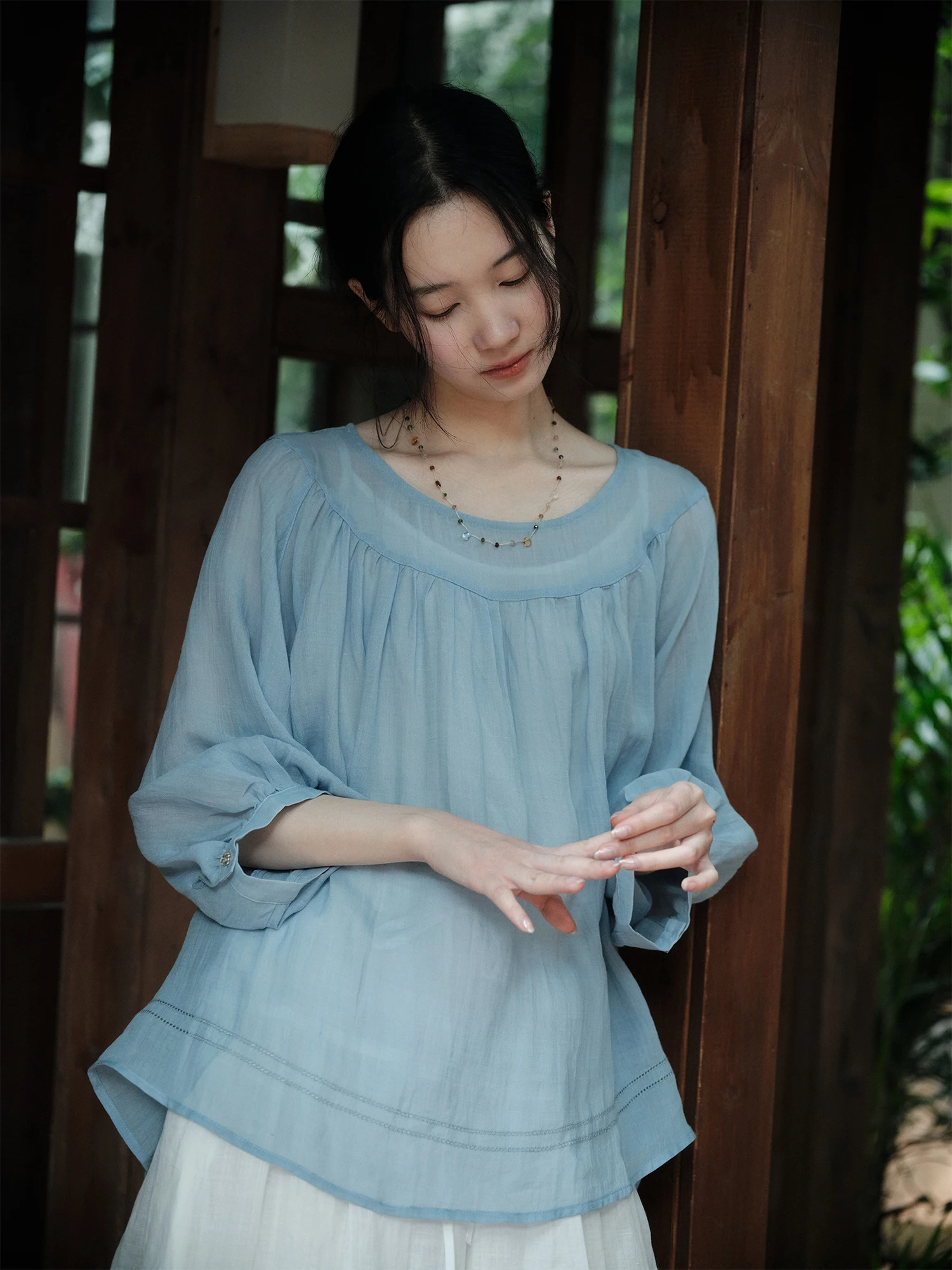 

Say And Mountain ten Two-color Silk Lyocell round Ne 7/8 Sve Loose Fit Japanese Sle Women's Summer irt
