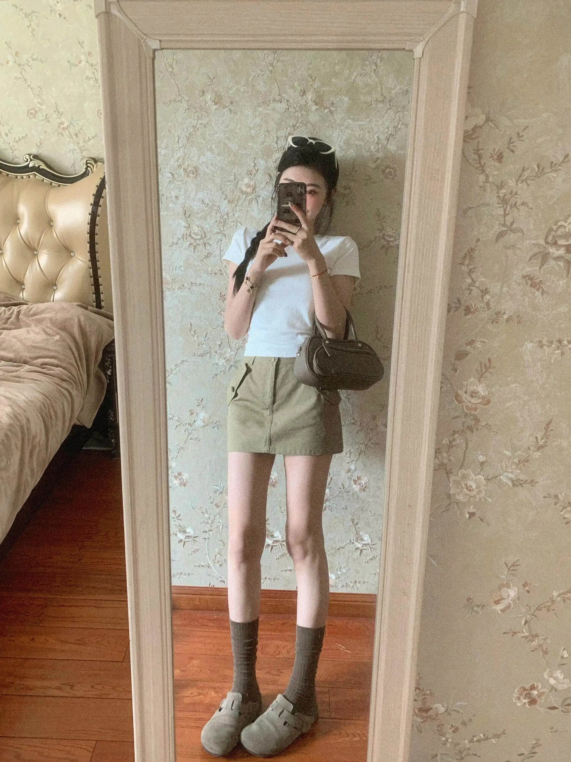 Slimming High Waist A-Line  Skirt Casual Khaki Green Women's Spring Summer New Style Versatile Half-length Skirt