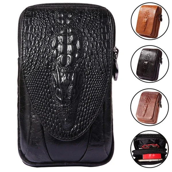 Retro Men\'s Cowhide Leather Waist Bag Crocodile Pattern Belt Bag  Cellphone Bag Leisure Bum Bag Fanny Pack