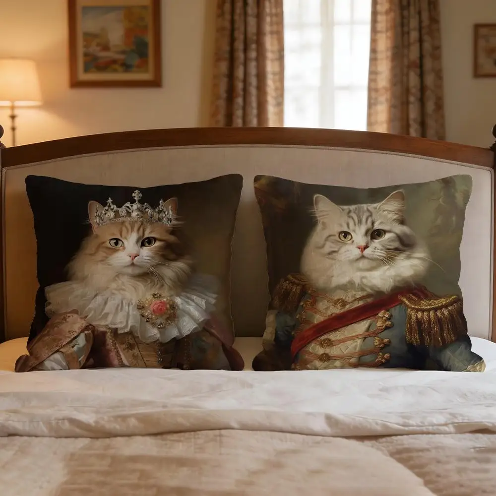 Renaissance Royal Cat Funny Cushion Cover 4Pcs Decorative Covers Soft Cushion Case for Sofa Couch Decor 40x40 45x45 Pillowcases