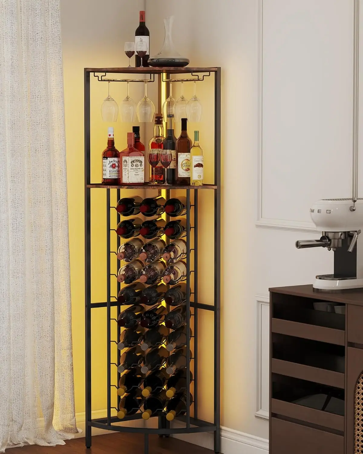

30 Bottle Corner Wine Cabinet Corner Wine Rack with LED Light Liquor Cabinet Bar for Home with Wine Glass Rack Wine Rack