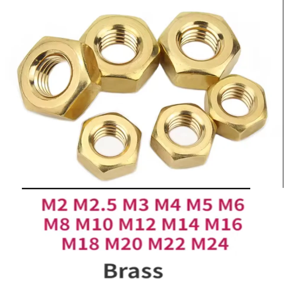 Solid Brass Copper Hex Hex Nut, Screw Bolt, Metric Thread, M2, M2.5, M3, M4, M5, M6, M8, M10, M12, M14, M16, M18, M20, M22, M24