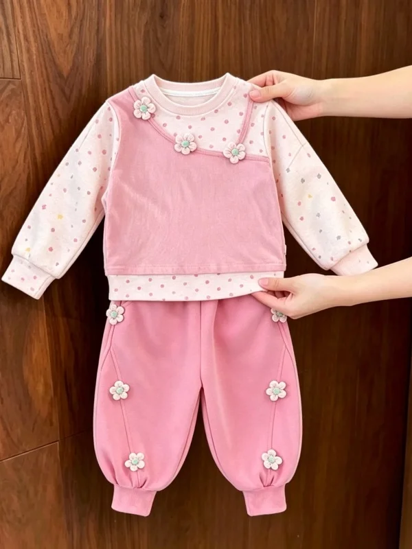 Spring Autumn Polka Dot Sweatshirt Flowered Trousers Two Piece Set for Little Girls Sweet Fake Two Piece Outfit Children's Cl...