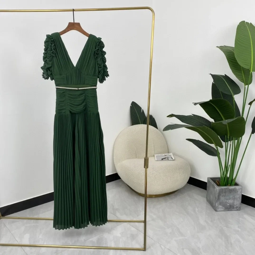 Women Green Short Sleeve Ruched Pleat Maxi Long Dress 2024 New Arrivals