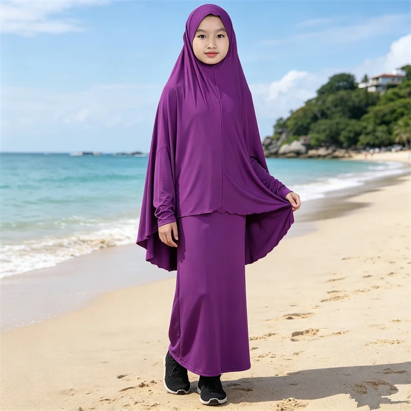 Abaya com Capuz para Meninas Muçulmanas, Vestido Longo com Hijab, Conjunto de Roupas Islâmicas para Oração, Conjunto Completo para Crianças Árabes dur