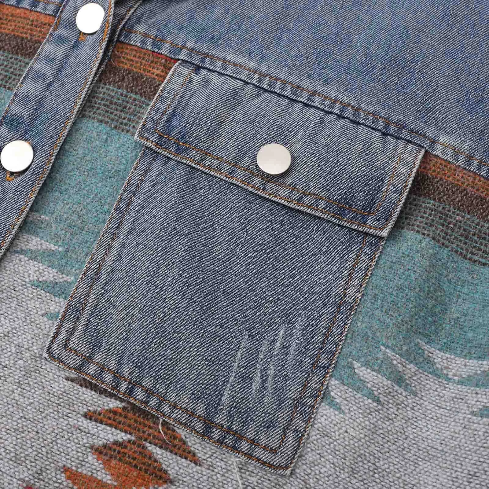 Cowboy Patchwork Tweed Jacket Vintage Raw Edge Mid-Length Jacket Retro Furred Y2k Mid-Length Jacket Women Denim Jacket Women