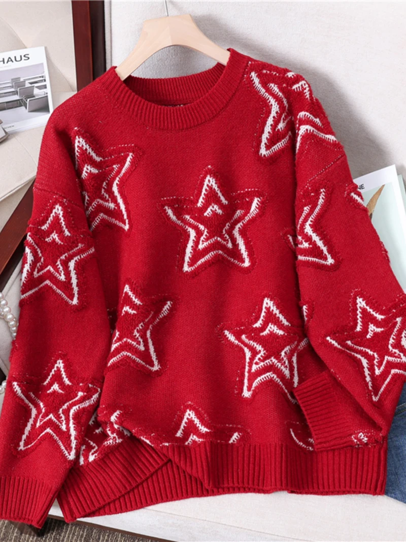 New autumn and winter outerwear fashion loose embroidered star round neck sweater women lazy style thickened knitted top