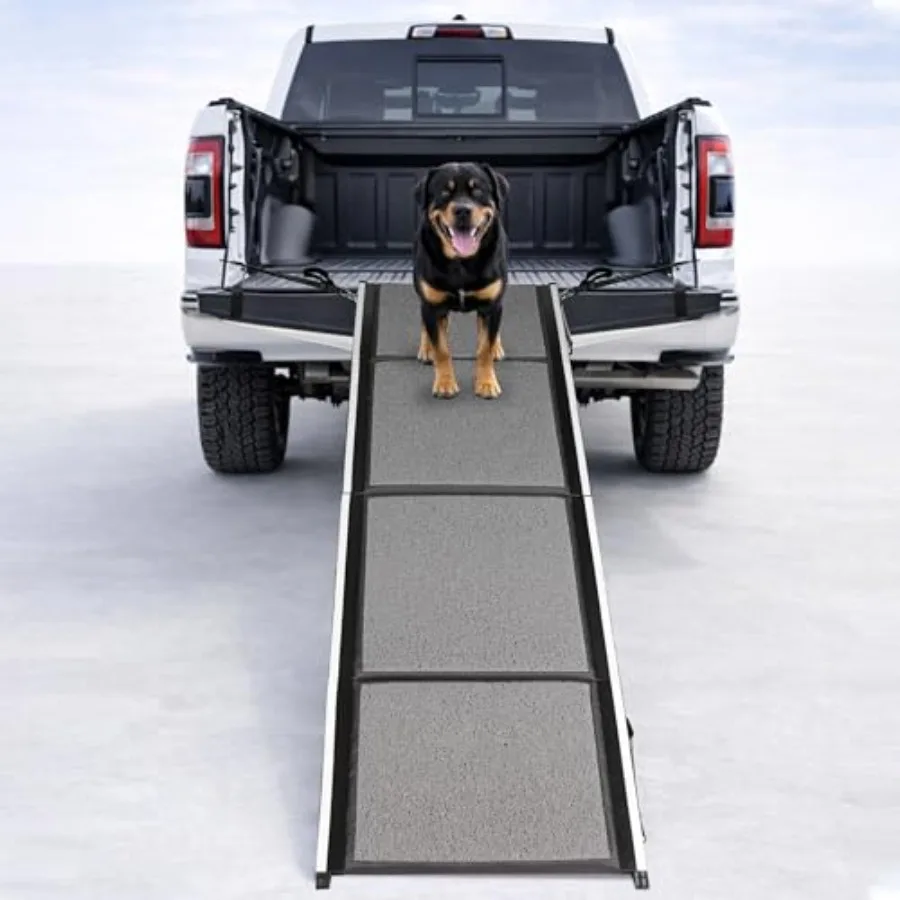 

Рампа для собак для автомобиля, внедорожника, грузовика, 71 дюйм длиной x 20 дюймов в ширину, с системой устойчивости с боковыми ремнями, нескользящая, складная в четыре сложения, для крупных собак, до 250 фунтов.