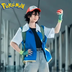Anime Blue Jacket Pokemon Men Cosplay Costume Boys Ash Ketchum For Halloween Party Trainer Gloves And Cap Set Christmas Gift