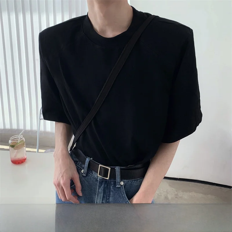Autumn Mountain Wind Summer New Style 2026 Detachable Pad Shoulder Short Sleeve Men Casual Loose All-Match Pure Color T-Shirt...