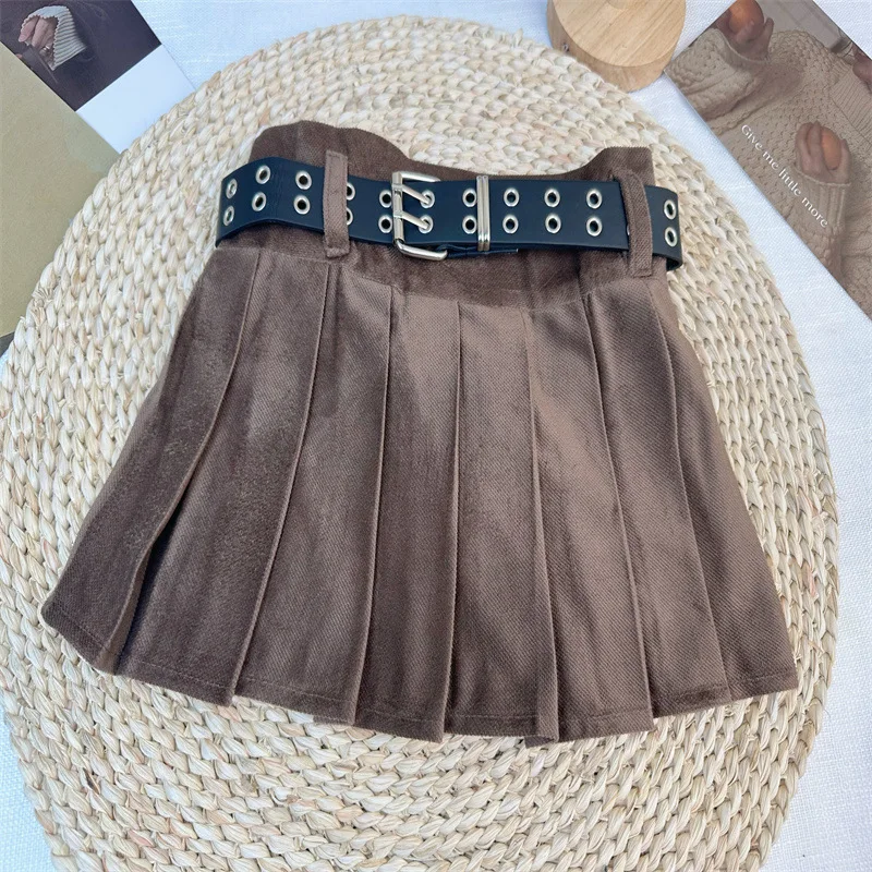 

baby girls pleated skirt spring vintage short skirt leather buckle belted high waist Korean children kids clothes 3 to 16 yrs