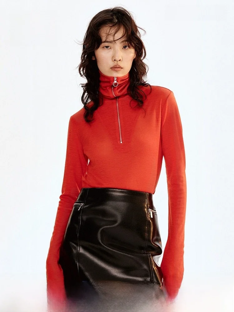 

Red Woolen Knitted Sweater Zipper Top Women's Summer Casual Style Slim Fit Regular Thickness H&M 1298590 Wool 100%
